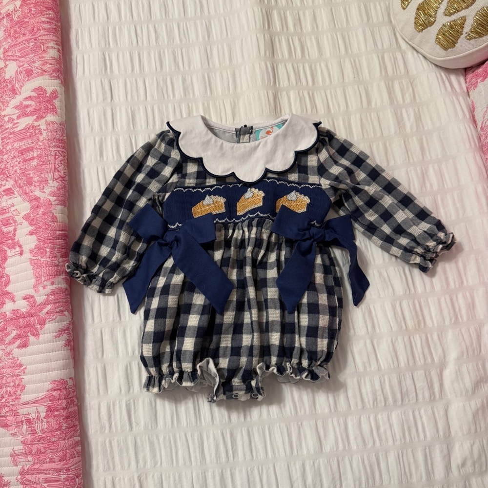 Plaid Pumpkin Pie Baby Smock with Navy Bows